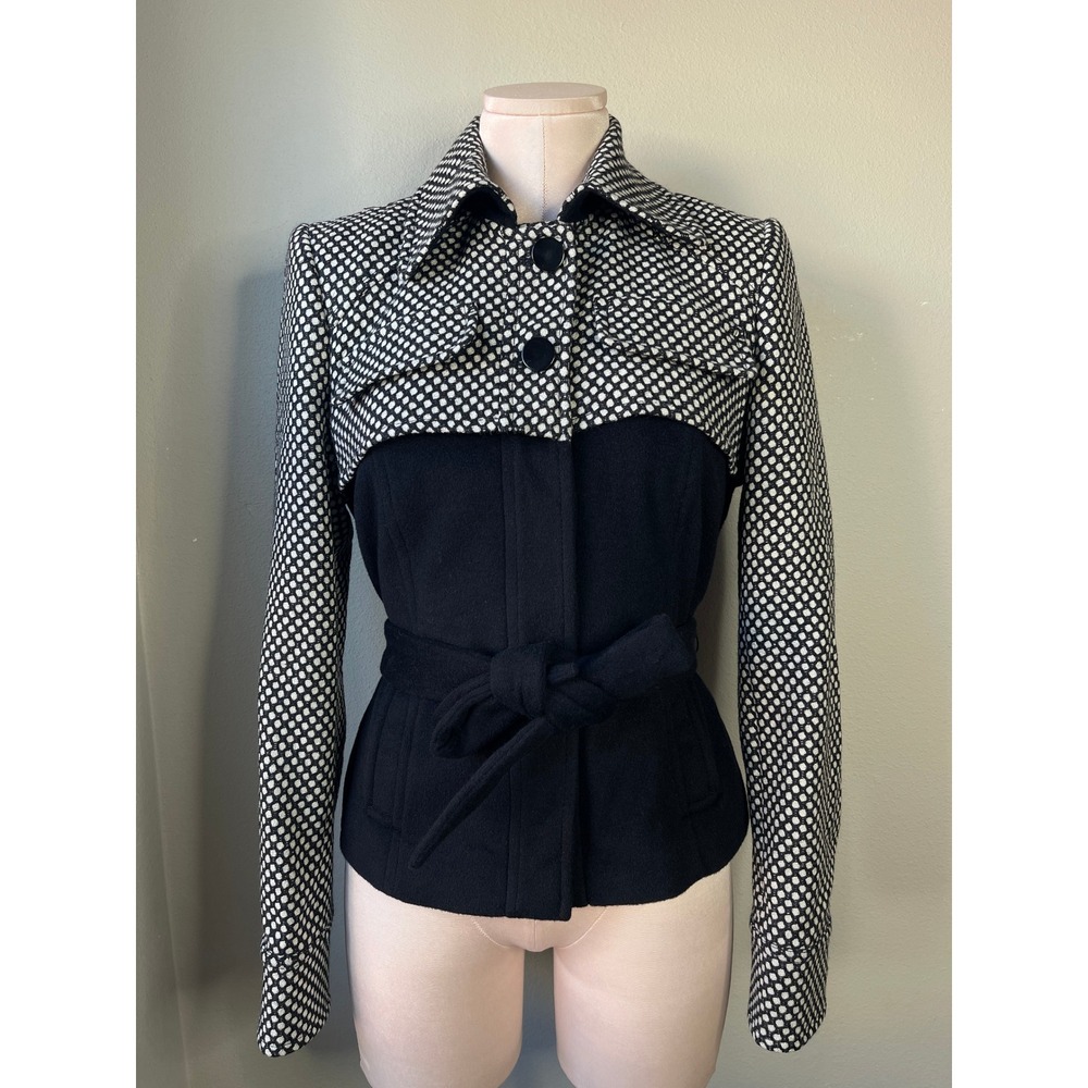 NWT BGN Studio Jacket Black White Wool Alpaca Cashmere Belted Mixed Media